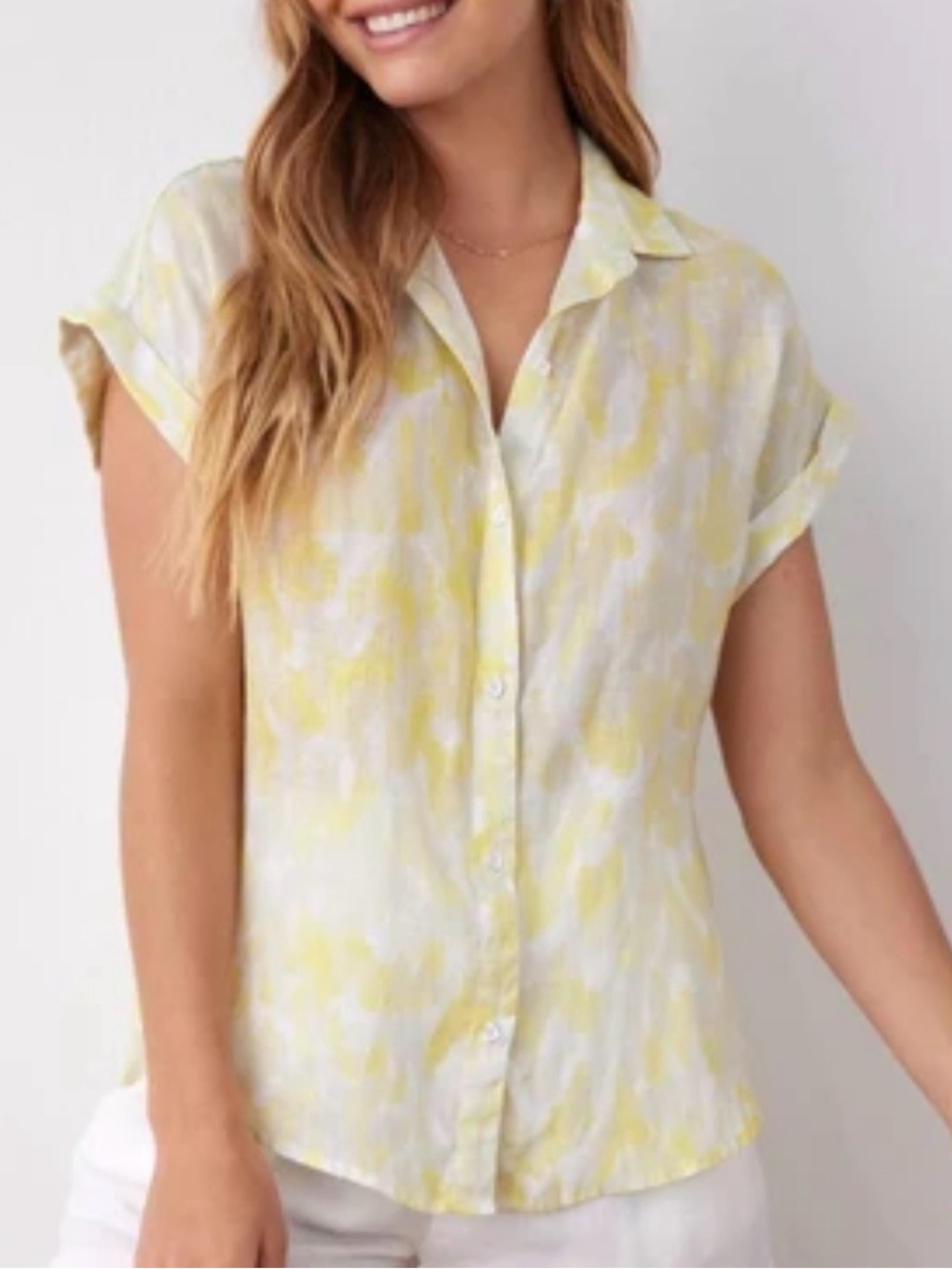 Bella Dahl Linen White and Yellow Short Sleeve Button Down Top